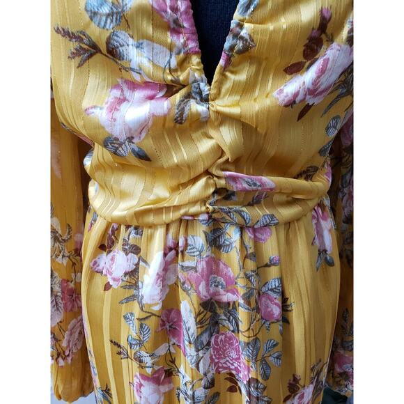 Forever 21 Sheath Dress Womens OX Yellow Floral Keyhole Back Bow Sweetheart Neck - Picture 10 of 14
